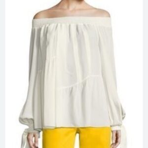 Derek Lam Silk Shirred Off-The-Shoulder Blouse Cream bows Pleated size 4